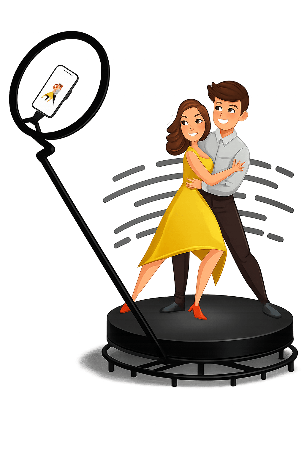 Ilustração de casal usando a Plataforma 360 ZootBooth com ring light e câmera giratória sobre base iluminada
